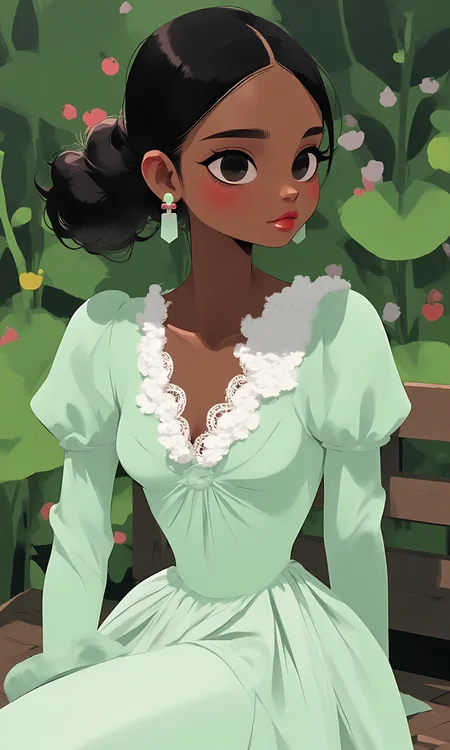 Close up of a black woman in a light green regency dress with a white lace fan, sitting on a bench in a garden, photo in the style of LUmprint.