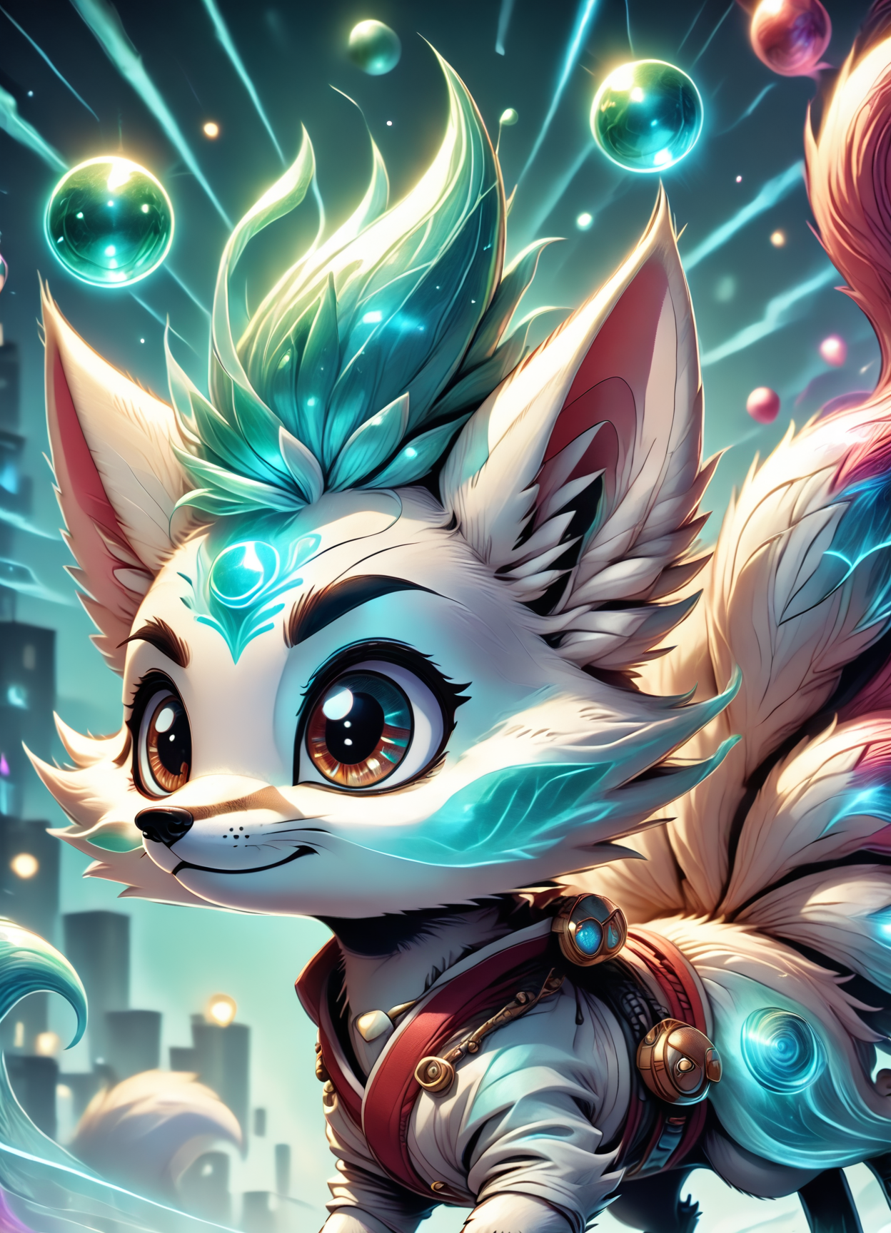 DonMC4r700nFu510nXL,  score_9, score_8_up, score_7_up, score_6_up, kitsune, fox spirit,fox with multiple tails, power, magical enchanting aura,supernatural alluring eyes white and red, intelligence, trickery,wisdom, supernatural feats, foggy,flourishing,city lights , rating_safe, <lora:DonMC4r700nFu510nXL-pony:1>