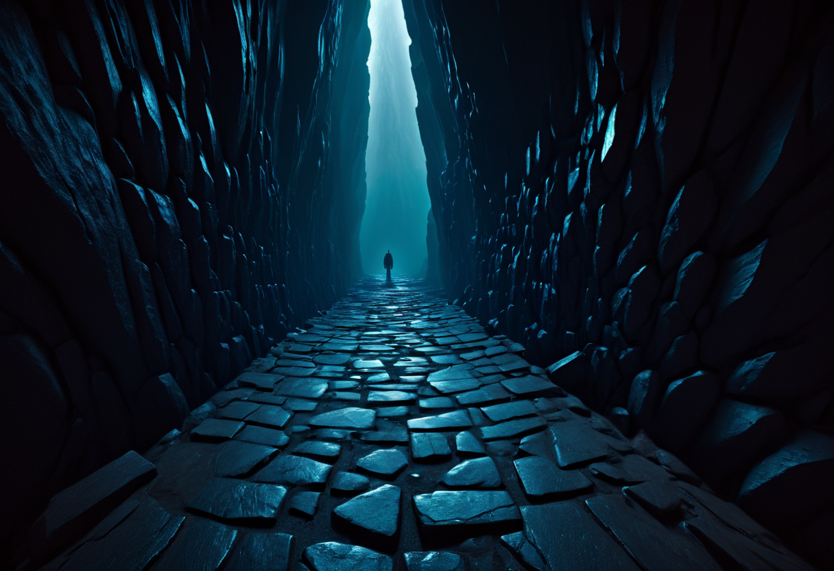 Descending into a dark cave illuminated by faint bioluminescent lights, Walking down an endless hallway with doors slamming shut, Driving a car through a violent storm with limited visibility, Roger Deakins, Wally Pfister, Emmanuel Lubezki, Monumental, Emotive, Masterful lighting, Immersive, Gritty, Narrative-driven, Gripping, Layered, Fragmented, Focused masterpiece, best quality, absurd resolution, in the style of first person perspective,  <lora:artfullyHW1P:1> arthw1p, scenery, no humans,