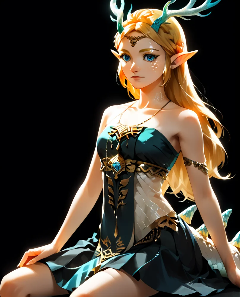 <lora:zelda_v2_pony:0.8>,
masterpiece,absurd resolution,8k,
score_9, score_8_up, score_7_up, score_6_up, score_5_up, score_4_up, ,source_anime BREAK
zeldaPony, dragon girl, human head,score_9,1girl,solo,long hair,blue eyes,skirt,blonde hair,simple background,jewelry,sitting,closed mouth,tail,horns,pointy ears,black background,colored eyelashes,dragon tail,scales,antlers
detailed japanese scenery backround,soft lights,detailed shadows,