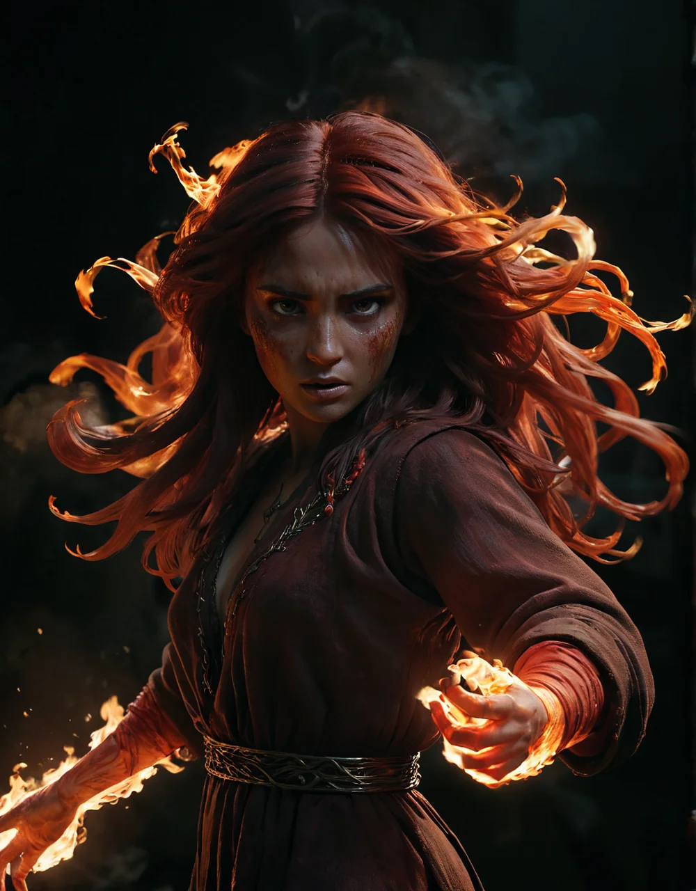 Female character with fiery hands in action, CGI and traditional animation blend, high detail, dark and moody background, glowing fire effects, dynamic pose, flowing hair, realistic textures, detailed clothing, high contrast, cinematic lighting
<lora:SDXLHighDetail_v5:1> <lora:zavy-cntrst-sdxl:1> dark, chiaroscuro, low-key