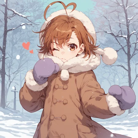 anime coloring, score_9, score_8_up, score_7_up, score_6_up, misaka20001 last-order, toaru, 1girl, solo, ahoge, brown hair, one eye closed, brown eyes, mittens, winter clothes, coat, short hair, heart ahoge, snow
