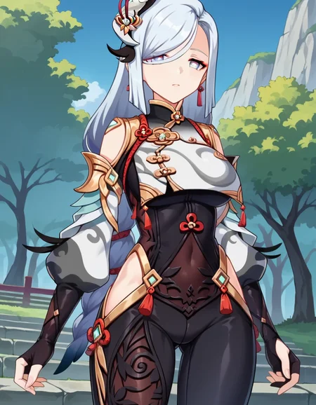 score_9, score_8_up, score_7_up, source_anime,
shenhe, <lora:genshin-shenhe-ingame-ponyxl-lora-nochekaiser:1>,
shenhe, blue eyes, braided ponytail, earrings, eyelashes, eyeliner, eyes visible through hair, eyeshadow, hair between eyes, makeup, red eyeshadow, sidelocks, single earring, symbol-shaped pupils, tassel, tassel earrings, white hair, long hair,
arm support, bare shoulders, black bodysuit, black gloves, bodysuit, breast curtain, chinese knot, clothing cutout, covered navel, detached sleeves,gloves, gold trim, hip vent, jewelry, long sleeves, partially fingerless gloves, puffy detached sleeves, puffy long sleeves, puffy sleeves, shoulder cutout, side cutout, stomach cutout, thigh cutout, white sleeves,
outdoors, shrine, forest, nature,
looking at viewer, cowboy shot, dutch angle,