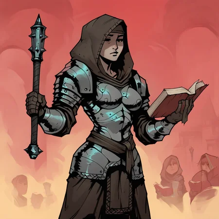masterpiece, best quality, newest, absurdres, highres, arbuz_budesh, 1girl, DDVESTL-V1.0, 1girl, armor, hood, shoulder pads, breastplate, shoulder armor, pauldrons, book, weapon, mace, holding, holding book, holding mace, holding weapon, black eyes, shaded eyes,