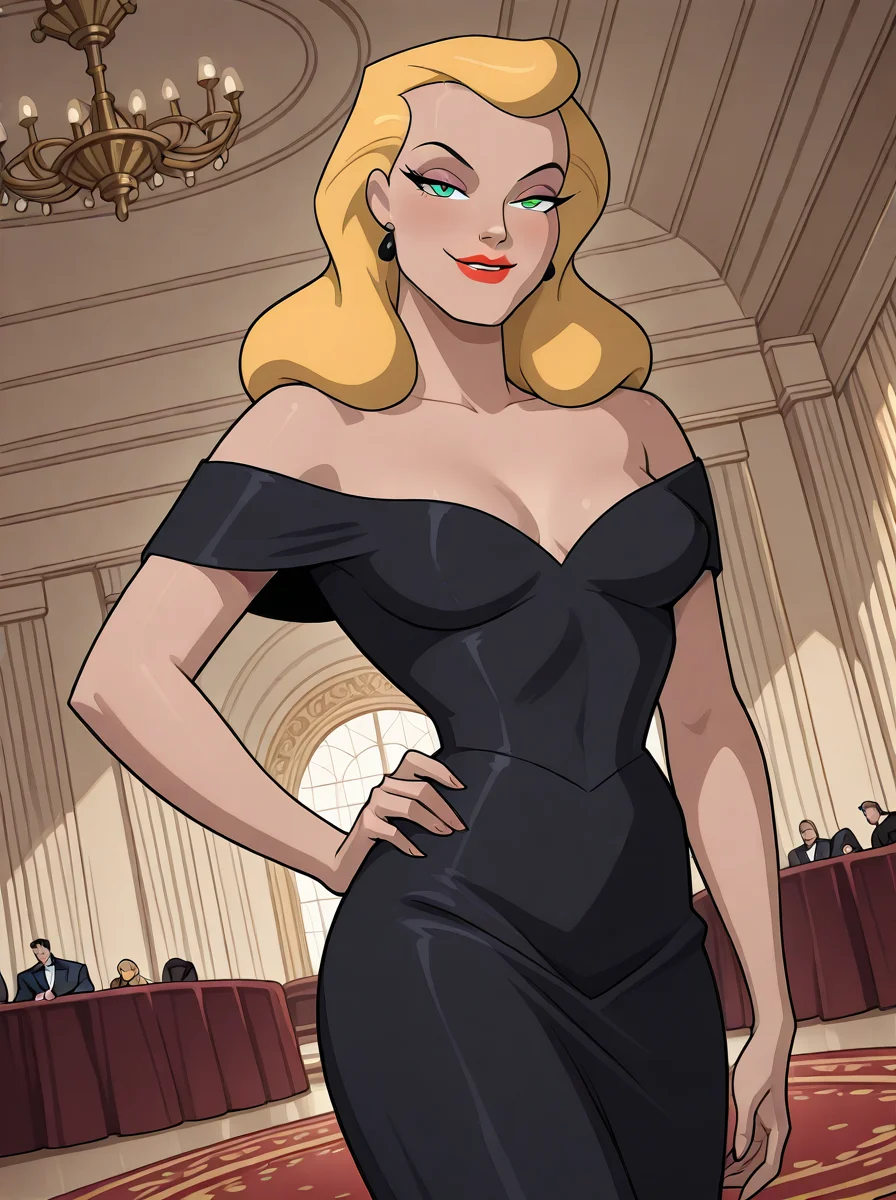 <lora:Catwoman_-_batman_animated_illust_v1:1>, c4tw0m4n, 1girl, mature woman, blonde hair, green eyes, red lips, makeup, black dress, hand on hip, dutch angle, sexy, interior, ballroom, looking at viewer, seductive smile, <lora:dcau234-illu3_r1:0.4> , <lora:takeda_hiromitsu_style_illustrious_goofy:0.2>