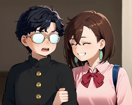 score_9,score_8_up,score_7_up,masterpiece, best quality, <lora:WHM 0.2v:0.5>, WHM, 2D,anime,
<lora:Locked_Arms:1.2>
upper body,
girl locked boy arms, looking at another, locked arms,
school,indoors,
BREAK
upper body,
girl locked boy arms, looking at another,sweat, sweatdrop,locked arms,male arm down,
(surprised, shy,embarrassed), open mouth, upper teeth only, angry,
opaque glasses, <lora:Opaque_glasses_r1:1.5>
<lora:okarun_pony:0.6> okarun, black hair, curly hair, (glasses), short hair, long sleeves, 18YO,
gold buttons, (black gakuran:1.4), <lora:Classic_gakuran:0.7>
BREAK
upper body,
girl locked boy arms, looking at another,male arm down,
smile,closed eyes, teeth, happy,
ayase_momo, 1girl, earrings, jewelry, brown hair, crossed bangs, hair between eyes, brown eyes, <lora:momo_ayase_dandadan:0.7>long sleeves, pink shirt,red bowtie, collared shirt, medium breasts, pleated skirt, miniskirt, 18YO, blue skirt,