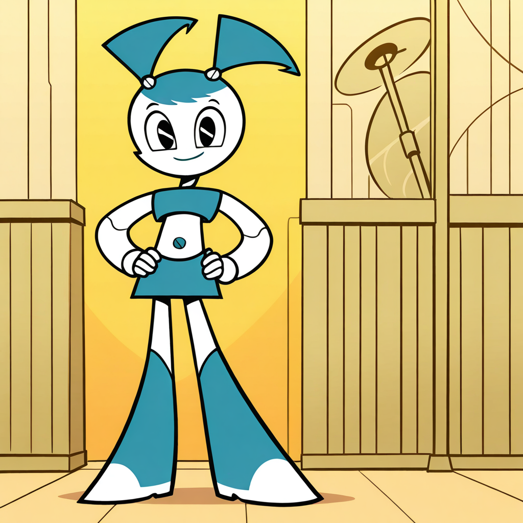 (masterpiece), (best quality), absurdres, intricate details, highres, <lora:XJ9_ILLUS_2:1> , solo, xj1, 1girl, twintails, jenny wakeman, robot,  robot, android, robot joints,  crop top, skirt, looking at viewer, black eyes, smile, no nose, boots, full body, hand on hip