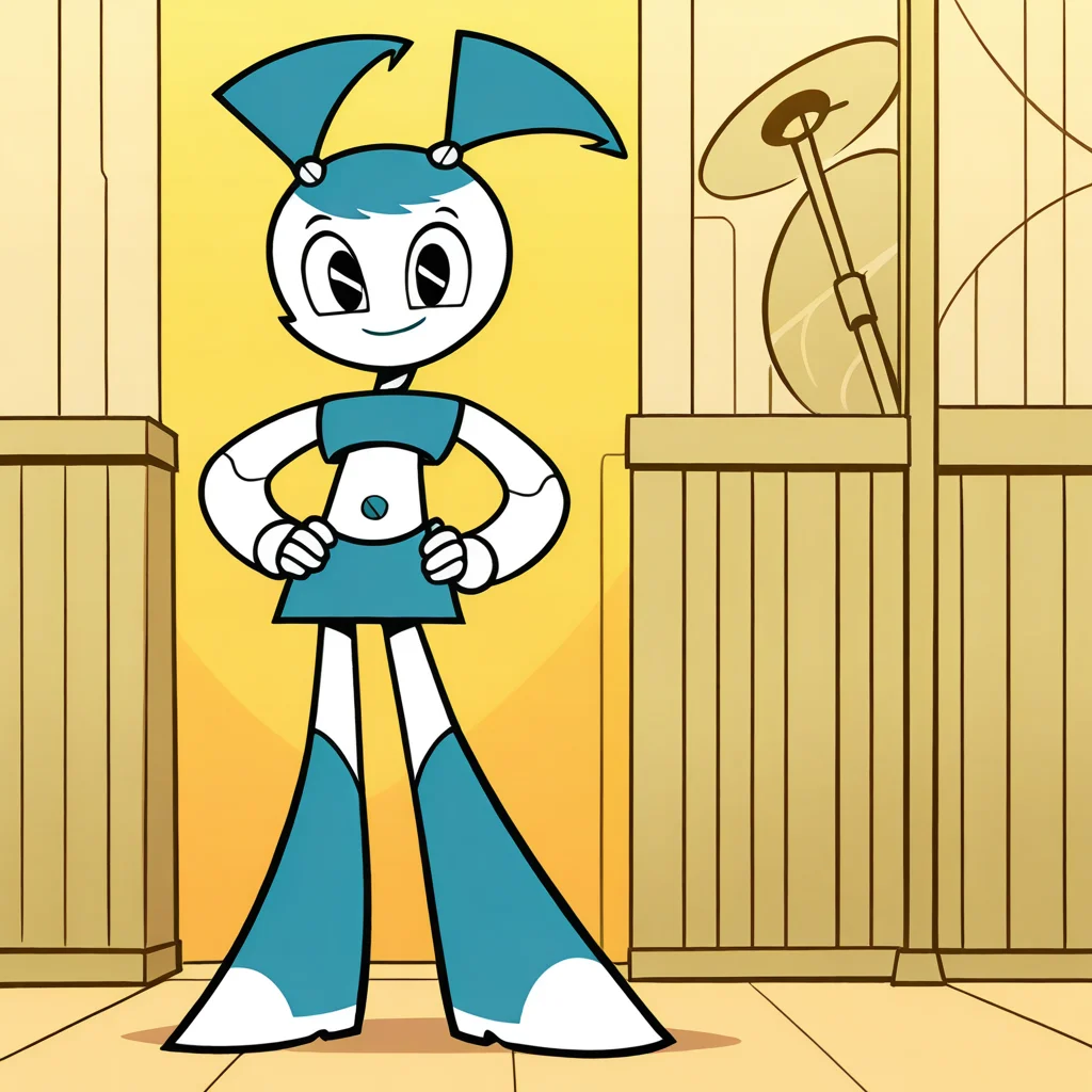 (masterpiece), (best quality), absurdres, intricate details, highres, <lora:XJ9_ILLUS_2:1> , solo, xj1, 1girl, twintails, jenny wakeman, robot, robot, android, robot joints, crop top, skirt, looking at viewer, black eyes, smile, no nose, boots, full body, hand on hip
