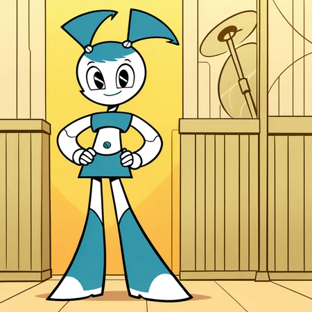 (masterpiece), (best quality), absurdres, intricate details, highres, <lora:XJ9_ILLUS_2:1> , solo, xj1, 1girl, twintails, jenny wakeman, robot, robot, android, robot joints, crop top, skirt, looking at viewer, black eyes, smile, no nose, boots, full body, hand on hip