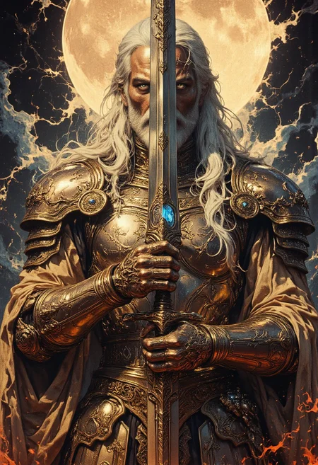 The subject is a male figure with long, flowing, white hair that appears to be illuminated by an inner light, giving it a radiant glow. He has a stern, focused expression, with piercing blue eyes. He is clad in ornate, golden armor that covers his entire body, including his arms and legs. The armor is intricately designed with elaborate patterns and engravings, suggesting a high level of craftsmanship and wealth. In his left hand, he holds a long, gleaming sword with a blue, ethereal flame emanating from the blade, adding a mystical and otherworldly element to the scene. The sword’s hilt is intricately designed with ornate details, matching the warrior’s armor. Behind the warrior, there is a backdrop of swirling, radiant energy, with bright, fiery colors radiating outward, suggesting an aura or celestial presence. The background is dark and with a blood moon. supernatural, Highly detailed character, precise silhouette, cinematic lighting, ultra-realistic textures, dreamy and immersive composition, masterpiece.