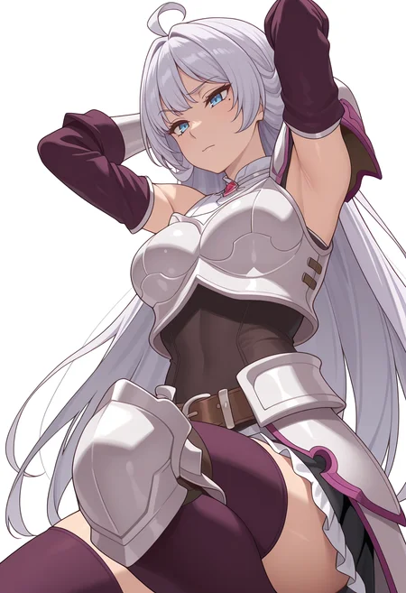 Smooth Quality,masterpiece,very intricate, high quality details, ultra realistic, high detailed skin,detailed enviorement,absurdres,
simple background, white background,
from below,raised eyebrow,lying down, hands behind head, one knee bent, relaxed expression, casual vibe, ,
<lora:Crylet_Kureha_cnn:0.8>kurehacnn,1girl,bangs, blue eyes, ahoge, mole, bare shoulders, grey hair, very long hair,armor, skirt, thighhighs, detached sleeves, breastplate, belt, shoulder armor, gauntlets,