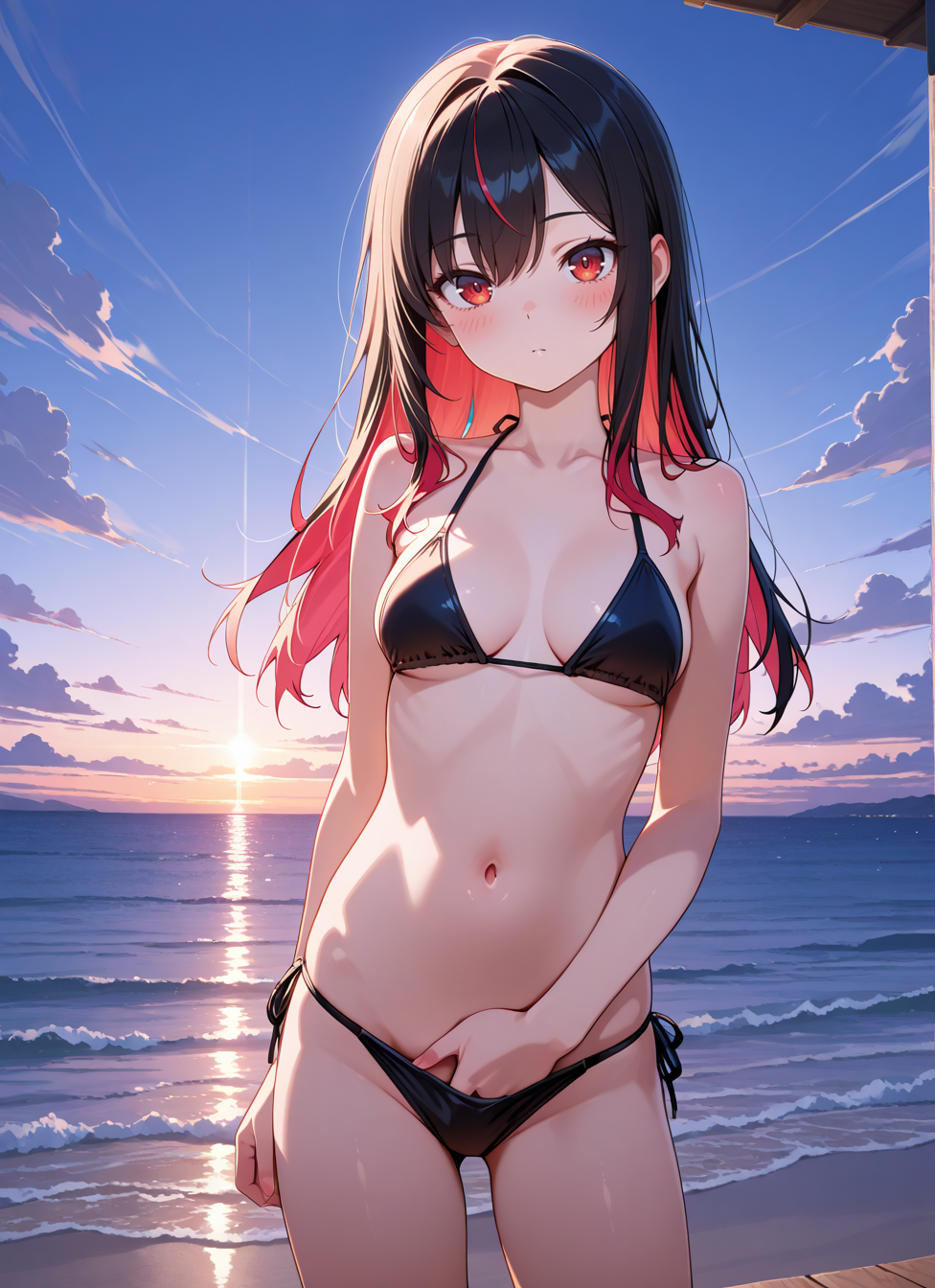 masterpiece,best quality,absurdres,highres,very aesthetic,high quality,detailed,insanely detailed,beautiful,perfect lighting, looking at viewer, very awa
1girl, solo, long hair, blush, multicolored hair,  medium breasts,  bikini, ocean, outdoors, standing, upper body, 
 <lora:privet-move:1> one hand in panties, 
cowboy shot,, <BREAK> , masterpiece, amazing quality, best quality, ultra-detailed, 8K, illustration, CG, anime coloring,