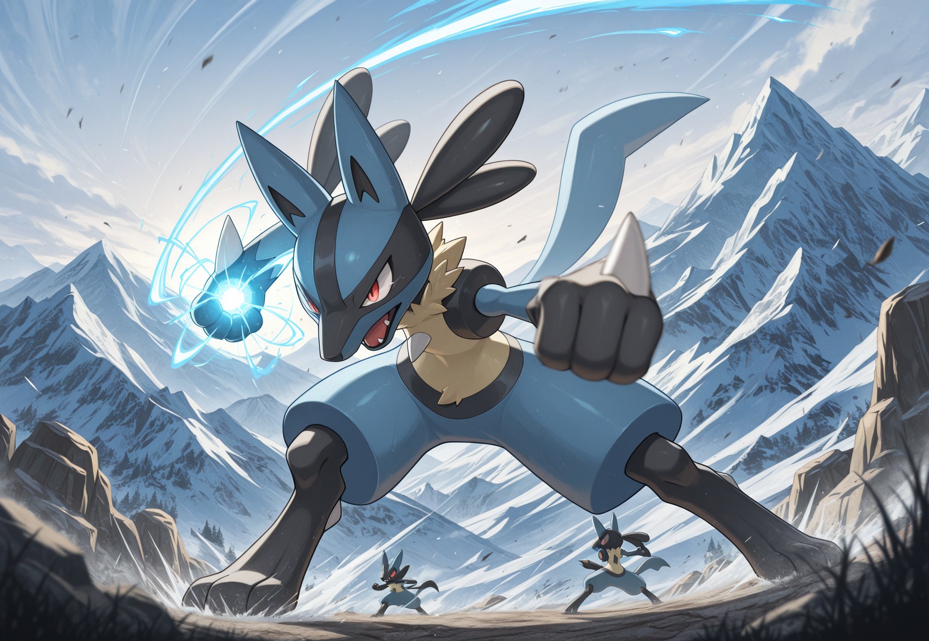 luc4r10, pokemon (creature), action pose, battling, mountain, windy, epic scene, depth of field, detailed background, masterpiece, best quality, high quality, absurdres, highres, incredibly absurdres, newest, amazing quality