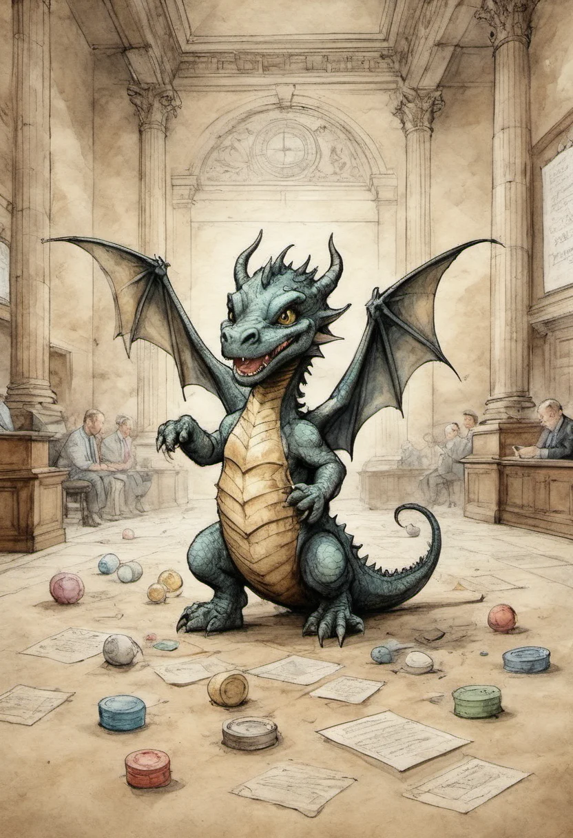 ink and watercolor on parchment baby dragon playfully causing chaos on the floor of the New York Stock Exchange
