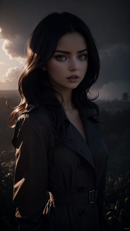 dem1rmawby, Dark-haired mysterious woman, black trench coat, glowing purple aura, perched raven, intense expression, dramatic lighting, dark and stormy background, high detail, digital illustration
(photorealistic:1.5), (film grain:1.5), (circle:1.0), ,<lora:backlight_slider_v10:-1>,