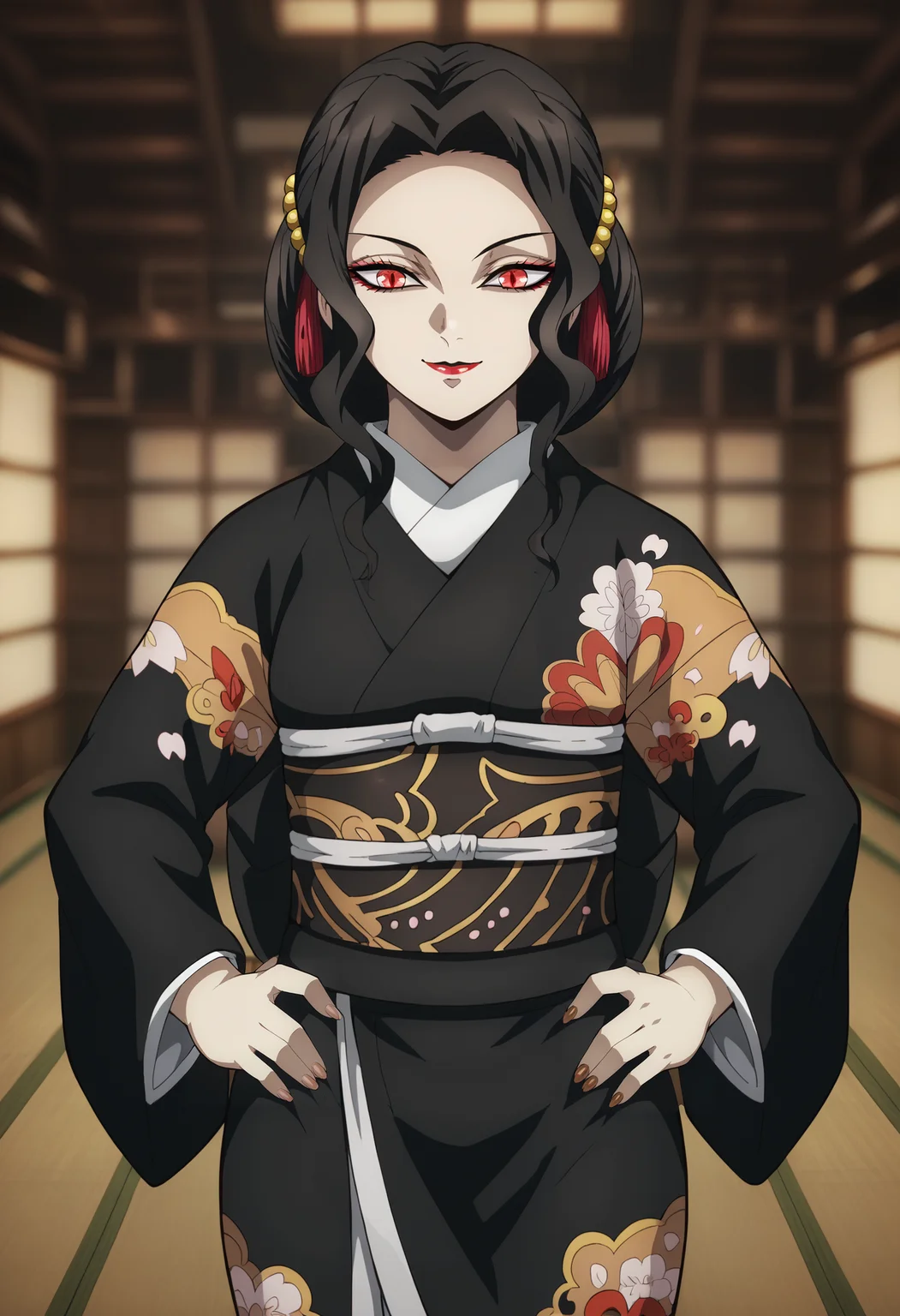 <lora:Muzan_Kibutsuji-Kimetsu_no_Yaiba:0.8>,Muzan,mature female,1girl,solo,black hair,hair ornament,red eyes,makeup,lipstick,kimono,cowboy shot,hands on own hips,looking at viewer,smile,indoors