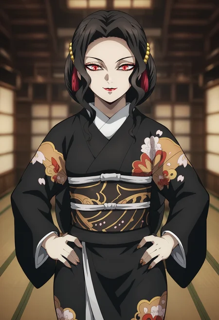 <lora:Muzan_Kibutsuji-Kimetsu_no_Yaiba:0.8>,Muzan,mature female,1girl,solo,black hair,hair ornament,red eyes,makeup,lipstick,kimono,cowboy shot,hands on own hips,looking at viewer,smile,indoors