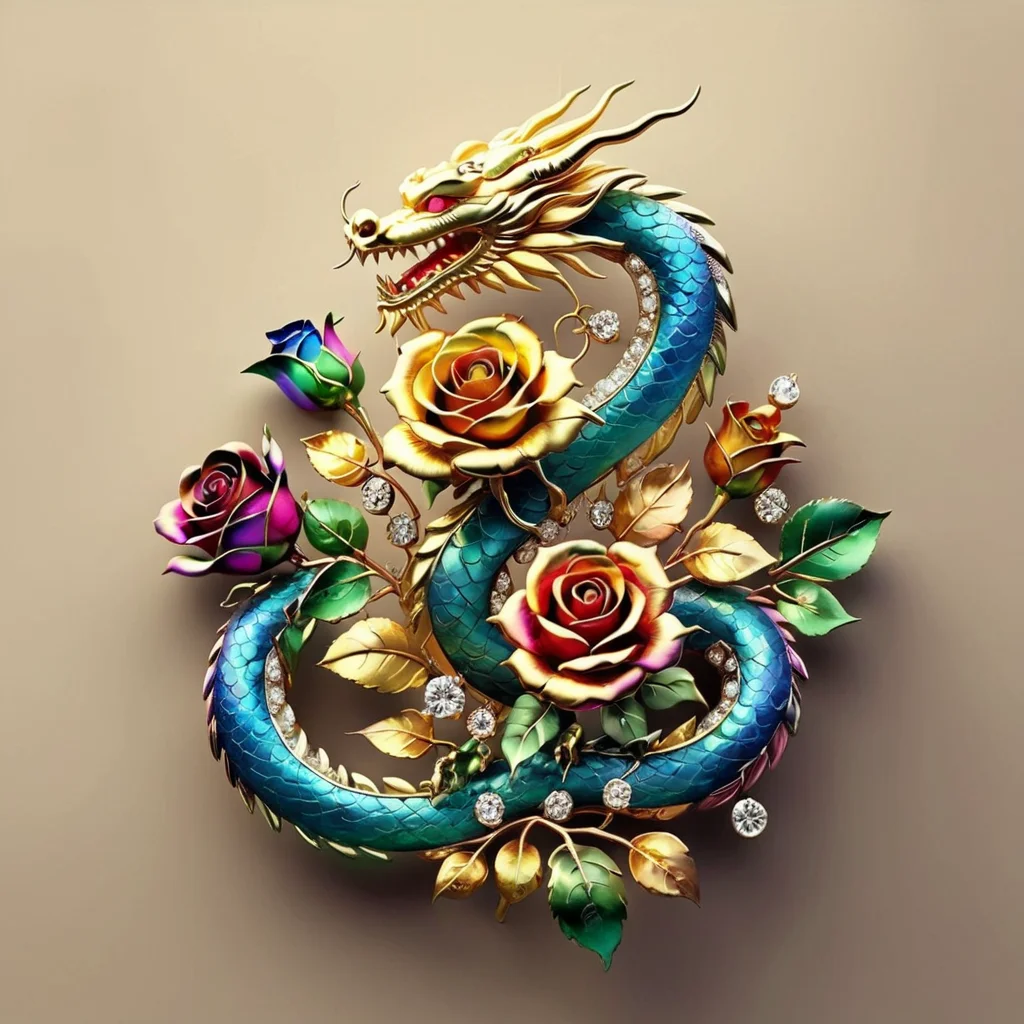 an image of, close-up, flowers MD_Jewelry,CN_SP style, chinese dragon coiled the gem and Diamond colorful rose , gem leaves, golden,dark background ,faint light, front view ,film <lora:0210_rose-checkpoint-6000:0.7> <lora:20240205_spring_dragon_checkpoint-4000:0.7>