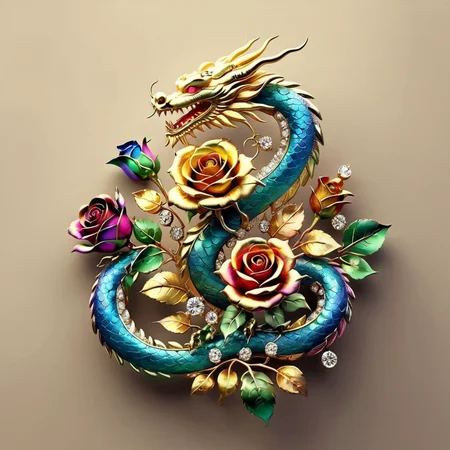an image of, close-up, flowers MD_Jewelry,CN_SP style, chinese dragon coiled the gem and Diamond colorful rose , gem leaves, golden,dark background ,faint light, front view ,film <lora:0210_rose-checkpoint-6000:0.7> <lora:20240205_spring_dragon_checkpoint-4000:0.7>