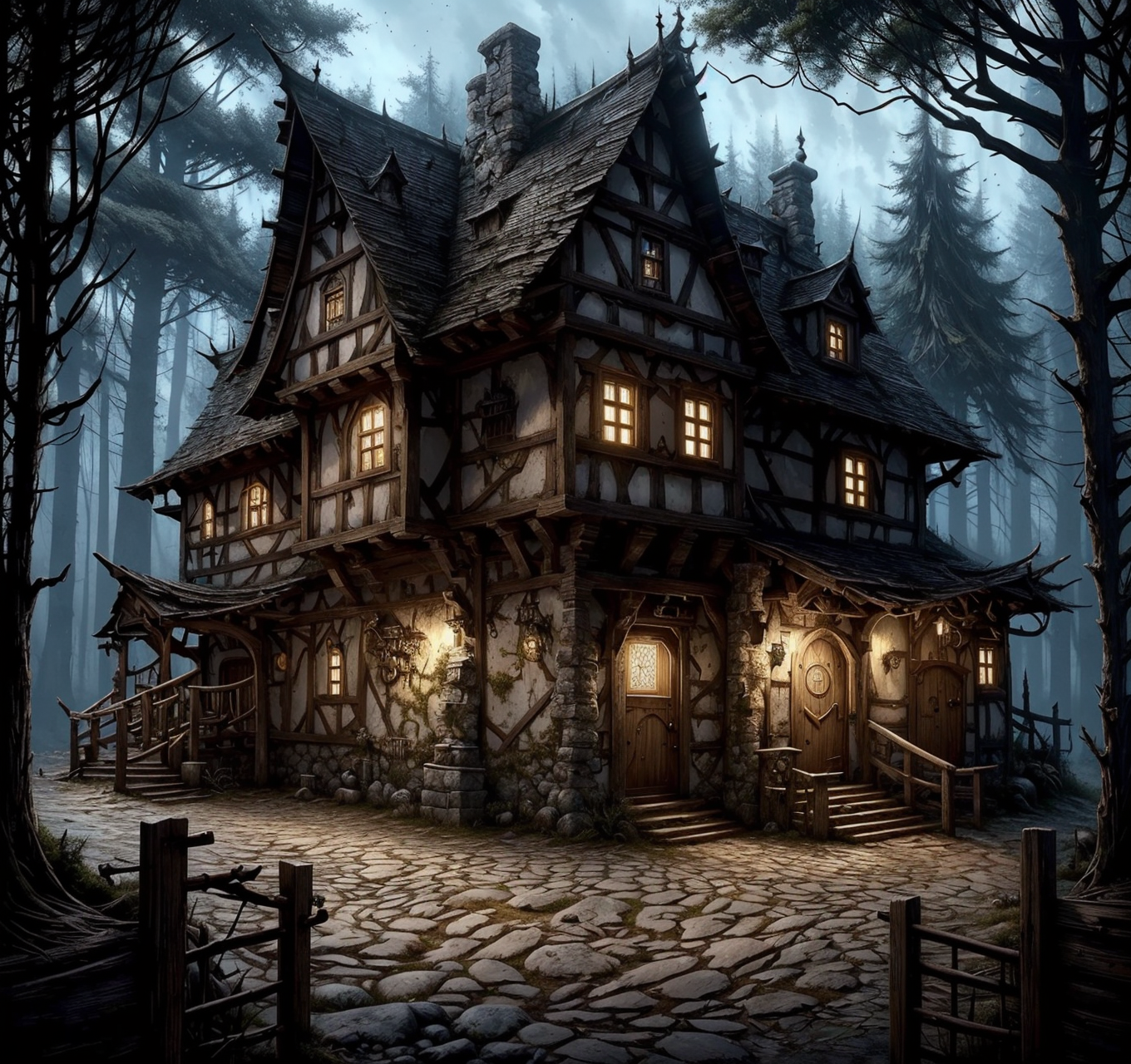 RAW photo, (masterpiece:1.3), subsurface scattering, heavy shadow, (high quality:1.4), (intricate, high detail:1.2), professional photography, HDR, High Dynamic Range, realistic, ultra realistic, photorealistic, high resolution, film photography, ambient lighting, atmospheric effects, <lora:detail_slider_v4:2>, OverallDetail,  <lora:CrossroadsInn:1>,architecture, armor, boots, building, chimney, cloud, crate, crossinn, dark, door, fantasy, fence, forest, garden, holding, house, lantern, log, medieval, night, night sky, no humans, outdoors, path, pavement, plant, road, scenery, shelf, sky, stairs, stone wall, tail, town, tree, tree shade, white flower, window, wooden fence,  <lora:storybook_last:1.2>