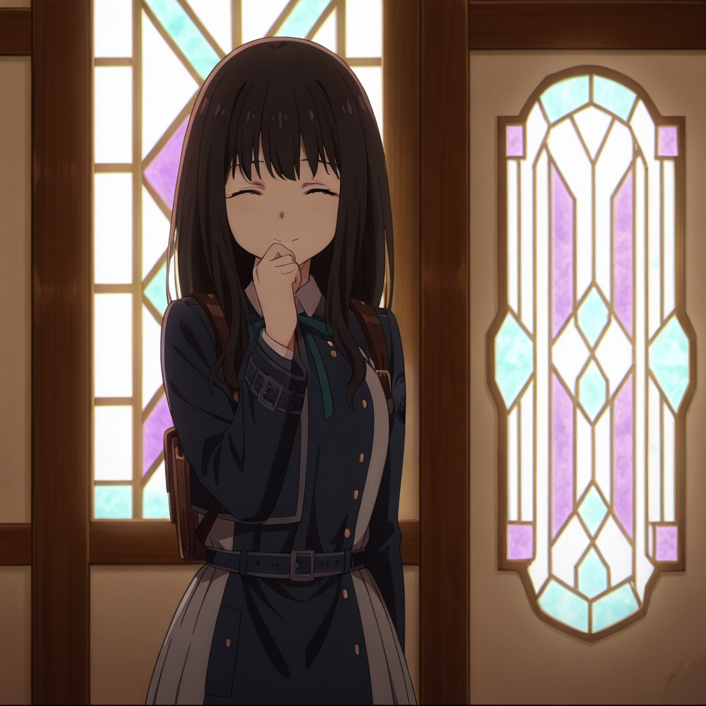 nsfw, masterpiece,best quality,amazing quality,1girl, solo,lycoris_recoil_takina_lnoue, standing, lycoris uniform, black hair, closed eyes, long hair, bangs, stained glass, smile, green ribbon, collared shirt, ribbon, neck ribbon,white shirt, hand to own mouth, closed mouth, indoors, blue dress, <lora:Takina_Inoue_-_Lycoris_Recoil:0.7>