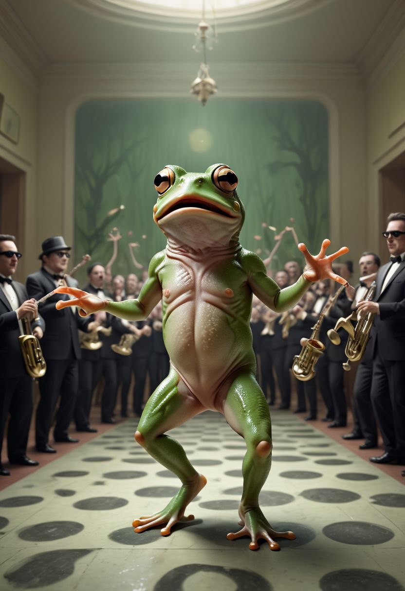 A surreal mind image of a frog dancing in a musical movie