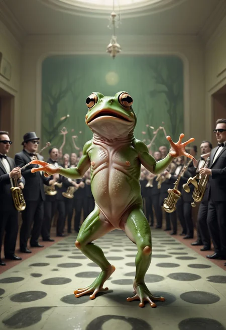 A surreal mind image of a frog dancing in a musical movie