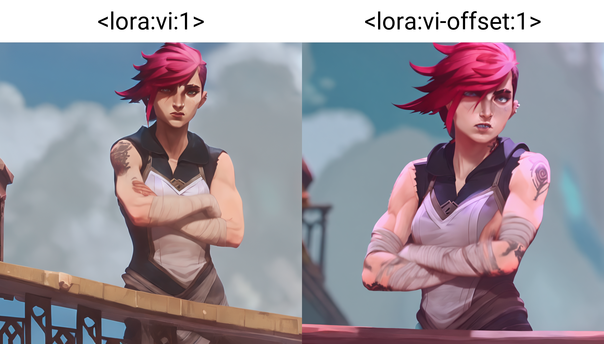 arcane, vi, red hair, light blue eyes, freckles, nose piercing, face tattoo, upper body, vi (league of legends), eyebrow scar, bandaged arms, arm tattoo, standing on balcony, arms crossed  <lora:vi:1>