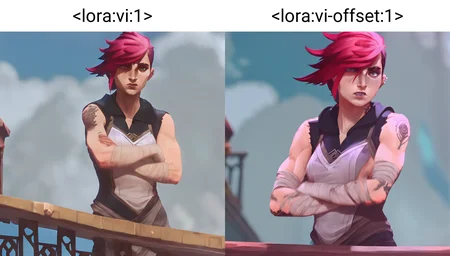arcane, vi, red hair, light blue eyes, freckles, nose piercing, face tattoo, upper body, vi (league of legends), eyebrow scar, bandaged arms, arm tattoo, standing on balcony, arms crossed  <lora:vi:1>