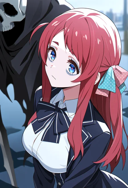 very awa, masterpiece, best quality, year 2024, newest, highres, absurdres, <lora:age_slider_v4:3> <lora:thicc_v1.4-pony:1.2>,detailed_background,outdoors,bow,upper body,jacket,white shirt,bowtie,sitting,minamoto sakura,blue eyes,red hair,grim reaper,shirt,open jacket,1other,black bowtie,black bow,zombie land saga,black jacket,check spoilers,da huang,death \(entity\),medium breasts,1girl,breasts,open clothes