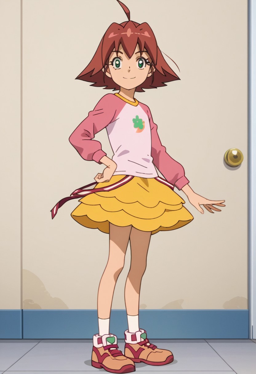 oficial art, detailed anime, screencap, score_9, score_8_up, score_7_up, master piece, anime coloring, source_anime, 1girl, standing, hand on hip, looking at viewer, green eyes, skirt, raglan sleeves, ahoge, short hair, long sleeves, shirt, brown-red hair, socks, boot shoes, miniskirt, white_socks, yellow double-layered skirt, cowboy shot, smiling, waving hand, side view,