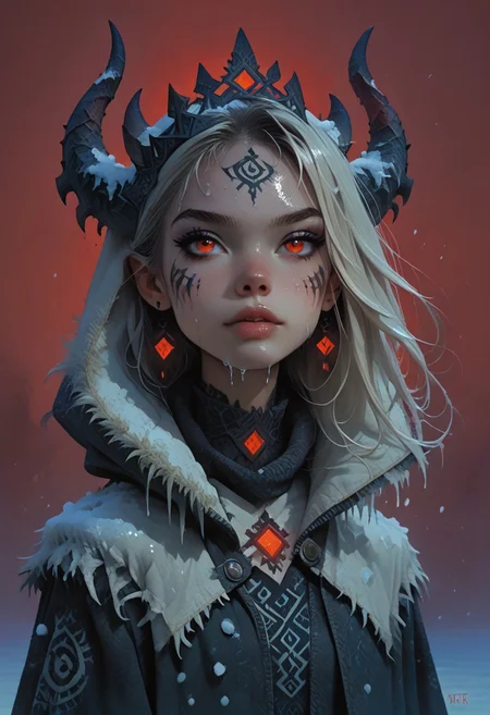 score_9, score_8_up, score_7_up, score_6_up, score_5_up, score_4_up, <lora:r3dgl0wXLP:0.7> r3dgl0w, red eyes, red background, 1girl, dark, horns
,FFAnime Style, fr0stwrld, snow, ice