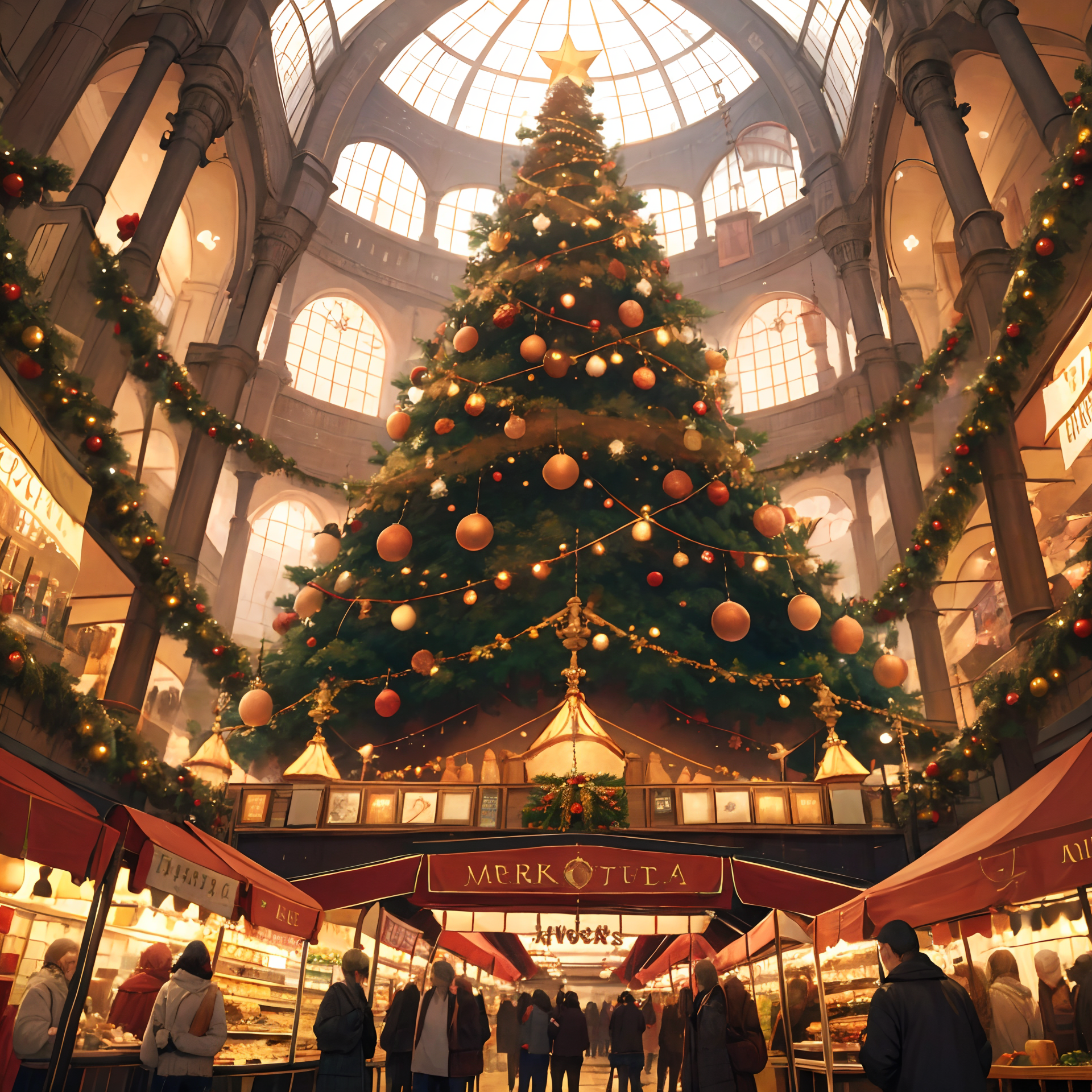 hires,high resolution, masterpiece, best quality, <lora:Grand Scale:1>, grandscale, middle of city, giant christmas tree, christmas decorations, marketplace, crowd, from below, food stalls,