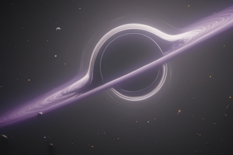 a blackhole with an unusual purple accretion disk can be seen at an angle in the image. asteroid debris can be seen floating in orbit.