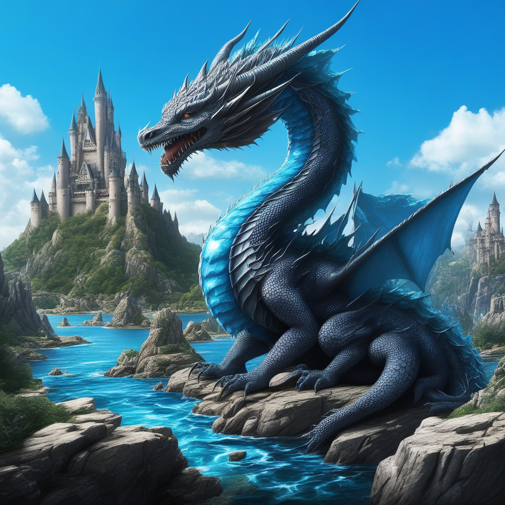 rock, day, water, gem, sharp teeth, looking at viewer, dragon, castle, blue sky, scenery