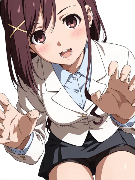 masterpiece,best quality,newest,
1girl,solo,
<lora:sakurai_kanade_ilxl_v1.0:1>,brown hair,x hair ornament,brown eyes,
k_clothes,uniform,white jacket,shirt,black skirt,shorts under skirt,<lora:Fixhands_anime_bdsqlsz_V1:1>,front view,dynamic_angle,face_focus,kind_smile,open mouth,blush,claw pose,white_background,simple_background,looking_at_viewer,cowboy_shot,