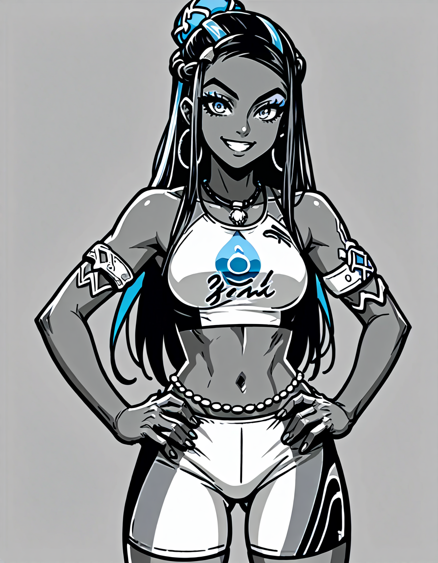 score_9, score_8_up, score_7_up,  <lora:Clean Sketch (J) style:1> monochrome, solo,  <lora:EPpkNessa:0.8> EPpkNessa,, blue eyes, black hair, blue hair, streaked hair, single hair bun, dark skin, dark-skinned female,, swimsuit, sportswear, blue eyeshadow, makeup, bike shorts, belly chain, navel, jewelry, hoop earrings, midriff, necklace, bikini, crop top, armlet, hands on hips, smiling, looking at viewer,
