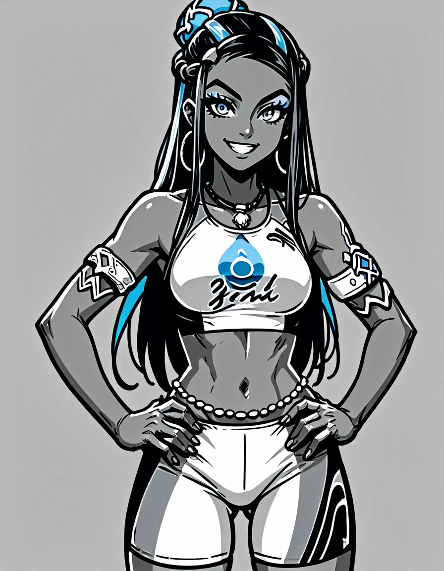 score_9, score_8_up, score_7_up, <lora:Clean Sketch (J) style:1> monochrome, solo, <lora:EPpkNessa:0.8> EPpkNessa,, blue eyes, black hair, blue hair, streaked hair, single hair bun, dark skin, dark-skinned female,, swimsuit, sportswear, blue eyeshadow, makeup, bike shorts, belly chain, navel, jewelry, hoop earrings, midriff, necklace, bikini, crop top, armlet, hands on hips, smiling, looking at viewer,