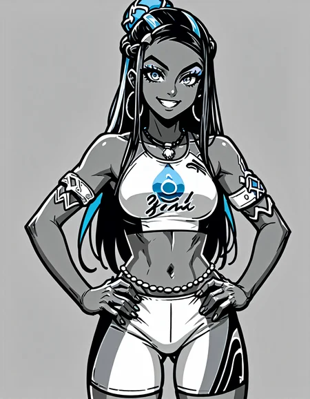 score_9, score_8_up, score_7_up, <lora:Clean Sketch (J) style:1> monochrome, solo, <lora:EPpkNessa:0.8> EPpkNessa,, blue eyes, black hair, blue hair, streaked hair, single hair bun, dark skin, dark-skinned female,, swimsuit, sportswear, blue eyeshadow, makeup, bike shorts, belly chain, navel, jewelry, hoop earrings, midriff, necklace, bikini, crop top, armlet, hands on hips, smiling, looking at viewer,