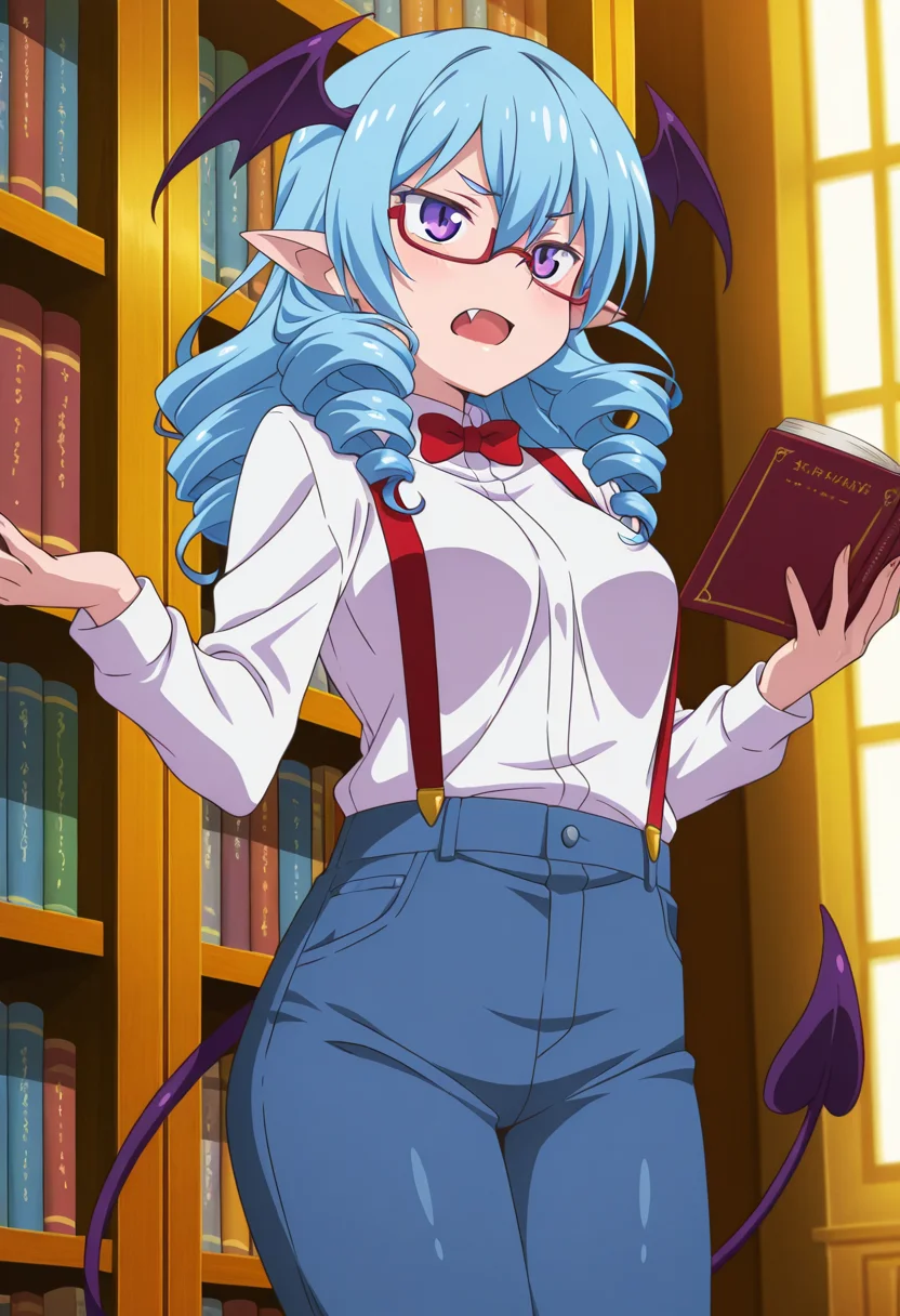 anime screencap, anime coloring, anime colored background, detailed background, detailed face, shiny skin, shiny hair, absurdes, highres, dynamic pose, masterpiece, best quality, official art, cel shaded, graphic illustration, digital painting, CGI, very detailed, amazing quality, intricate details, dynamic pose, HDR, UHD, 8K, Fineline illustration, Highly detailed, ultra-fine painting, sharp focus, Professional, Vivid Colors
BREAK
<lora:Bi_Bananan:1>, Bi Bananan, demon girl, purple demon tail, head wings, 1girl, solo, long hair, blue hair, drill hair, purple eyes, pointy ears, medium breast, fang, red glasses, red bowtie, white collared shirt, red suspenders, blue jeans, standing at bookshelf, legs together, holding book, reading book
BREAK
inside, library, window, daytime, uncensored