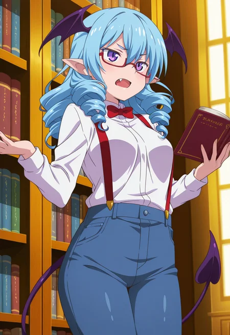 anime screencap, anime coloring, anime colored background, detailed background, detailed face, shiny skin, shiny hair, absurdes, highres, dynamic pose, masterpiece, best quality, official art, cel shaded, graphic illustration, digital painting, CGI, very detailed, amazing quality, intricate details, dynamic pose, HDR, UHD, 8K, Fineline illustration, Highly detailed, ultra-fine painting, sharp focus, Professional, Vivid Colors
BREAK
<lora:Bi_Bananan:1>, Bi Bananan, demon girl, purple demon tail, head wings, 1girl, solo, long hair, blue hair, drill hair, purple eyes, pointy ears, medium breast, fang, red glasses, red bowtie, white collared shirt, red suspenders, blue jeans, standing at bookshelf, legs together, holding book, reading book
BREAK
inside, library, window, daytime, uncensored