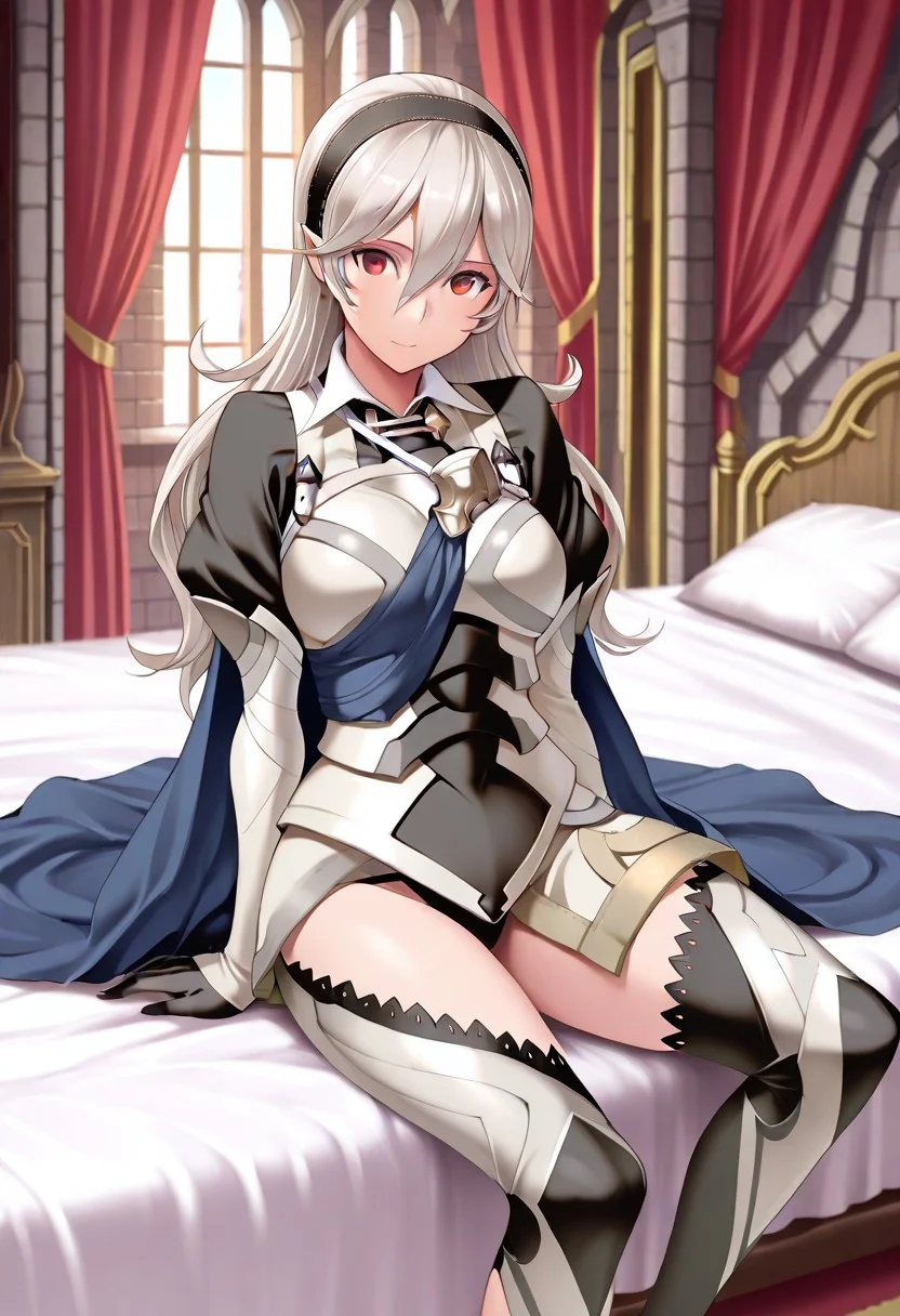 masterpiece, best quality, crimsonj-girl.fightil, 1girl, Corrin, long hair, white hair, hair band, hair between eyes, red eyes, pointy ears, armor, juliet sleeves, gloves, blue cape, toeless legwear, thighhighs,
sitting, looking at viewer,
castle, bedroom, bed, , inside, perfect anatomy