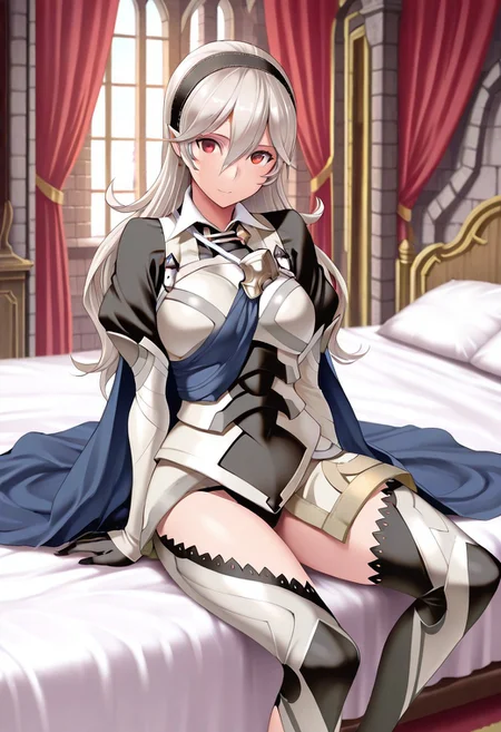 masterpiece, best quality,  crimsonj-girl.fightil, 1girl,  Corrin, long hair, white hair, hair band, hair between eyes, red eyes, pointy ears, armor, juliet sleeves, gloves, blue cape, toeless legwear, thighhighs,
sitting, looking at viewer,
castle, bedroom, bed, , inside, perfect anatomy