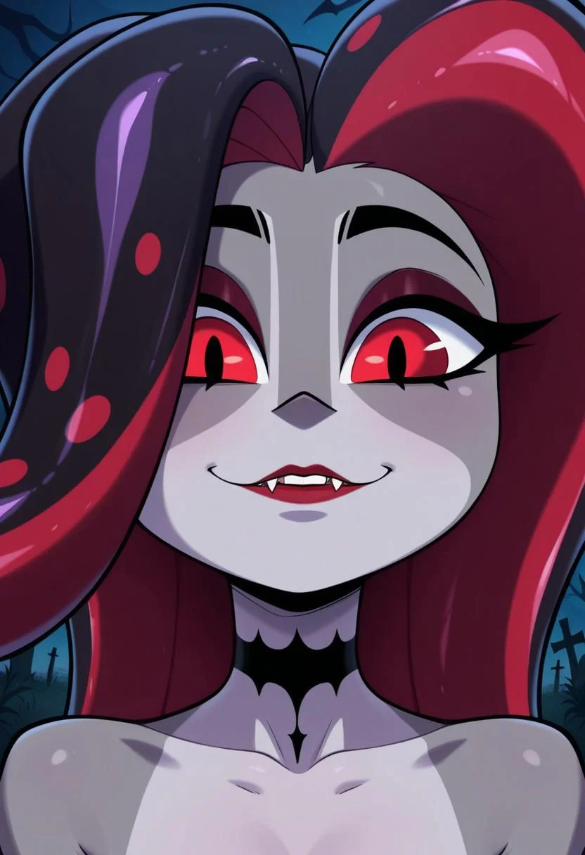 MASTERPIECE, AMAZING QUALITY, TOON, 1GIRL, PORTRAIT, H3LLUVA, VAMPIRE GIRL, GREY SKIN, TENTACLE HAIR, GRAVEYARD