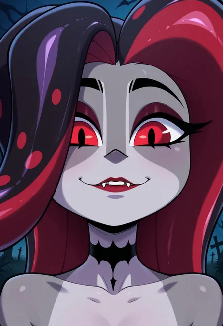 MASTERPIECE, AMAZING QUALITY, TOON, 1GIRL, PORTRAIT, H3LLUVA, VAMPIRE GIRL, GREY SKIN, TENTACLE HAIR, GRAVEYARD