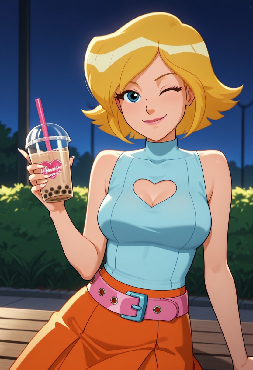 masterpiece, best quality, good quality, 1woman, solo, cartoon, totally_spies_2k24, cl0ver, blonde hair, blue eyes, cyan shirt, sleeveless, turtleneck, heart cutout, orange skirt, pink belt, sexy, large breasts, cleavage, beautiful, detailed, high detailed, very beautiful, detailed face, detailed eyes, detailed hand, white fingernails, long nails, neon, dark lighting, outside, in the park, night, smile, wink, winking at viewer, sitting, drink, drinking bubble tea, looking at viewer