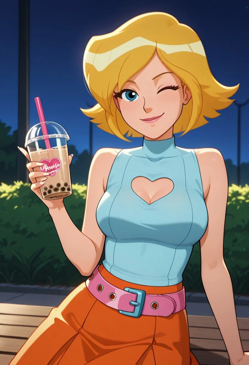 masterpiece, best quality, good quality, 1woman, solo, cartoon, totally_spies_2k24, cl0ver, blonde hair, blue eyes, cyan shirt, sleeveless, turtleneck, heart cutout, orange skirt, pink belt, sexy, large breasts, cleavage, beautiful, detailed, high detailed, very beautiful, detailed face, detailed eyes, detailed hand, white fingernails, long nails, neon, dark lighting, outside, in the park, night, smile, wink, winking at viewer, sitting, drink, drinking bubble tea, looking at viewer