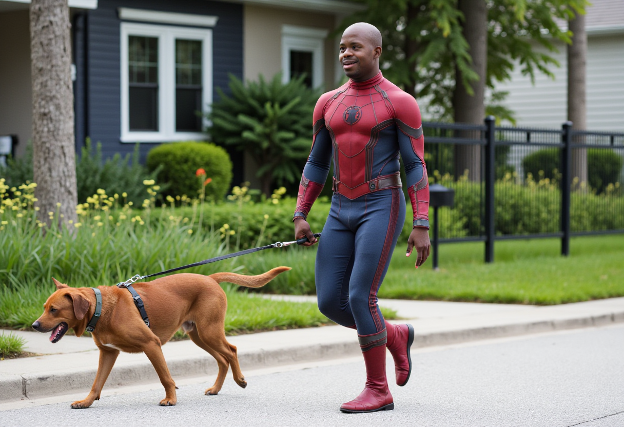 a photo of a crying rejected Marvel superhero with Down syndrome walking the dog.  No deformed hands.