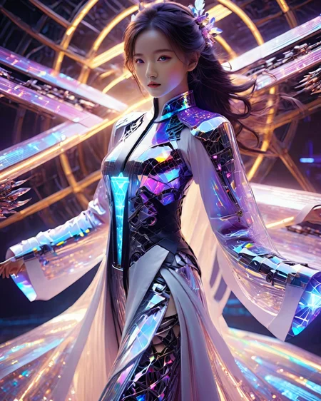 high quality exquisite wallpaper,<lora:xl-holographic-å¨æ¯V20:0.8>,(holographic:1.7),holographic metal,holographic fabric,1girl,wearing white Hanfu andblack mecha,The girl was surrounded by magic arrays,solo,mecha musume,blue_eyes,standing,cinematic lighting,strong contrast,1 beautiful young chinese woman,mature and exquisitefacial features,sharp eyes,photon force field,purple and blue glowing neon lights,wide_shot,robot girl,magic array,ukl,<lora:xl0917ukl-v12:0.44>,magic circle,roman numeral,no humans,glow,blue theme,intricate glowing lace,(Multiple magic arrays:1.5),