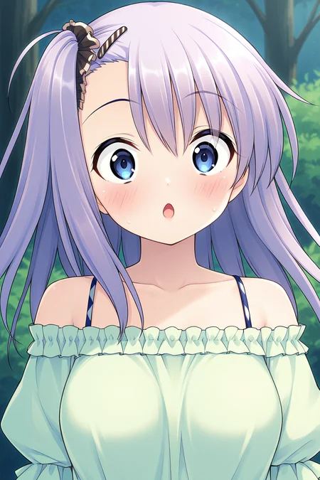 masterpiece, best quality, absurdres, official art, official style, rating general BREAK <lora:manabekei_IL_v1-1:0.7>, manabe kei, 1girl, solo, blue eyes, purple hair, light purple hair, long hair, one side up, side ponytail, black scrunchie, asymmetrical hair, asymmetrical bangs, hairclip, large breasts BREAK casual, bare shoulders, collarbone, blouse, green shirt, frilled shirt, off-shoulder shirt, puffy short sleeves, halterneck, striped camisole, standing, outdoors, nature, forest edge, close-up, portrait,
blush, :o, chestnut mouth, hair between eyes, looking at viewer, open mouth, parted lips, surprised, wide-eyed
